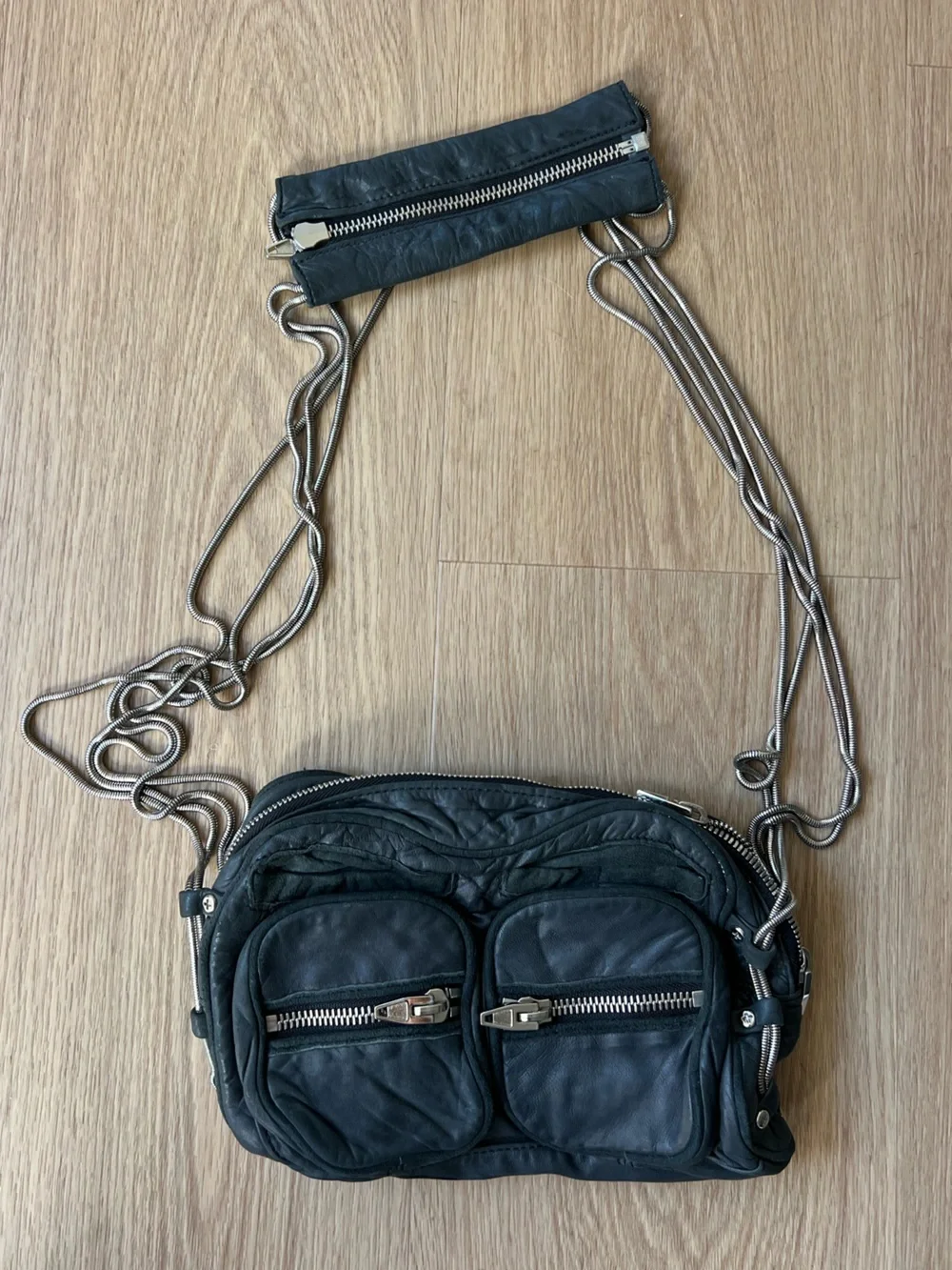 Alexander Wang Brenda Black Leather Crossbody with Silver Chain Strap